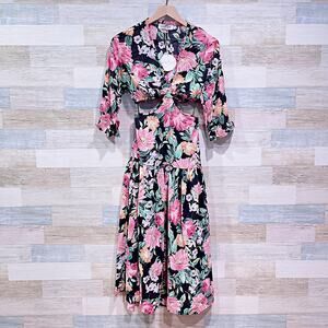 Petal & Pup Floral Cut Out Tara Maxi Dress Black Pink Ruffle Sleeve Womens US 0